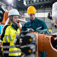 Robotic engineer team automatic checking Plan system of automation robot arms machine in factory. Programming machinery welding robots in production at factory industry.